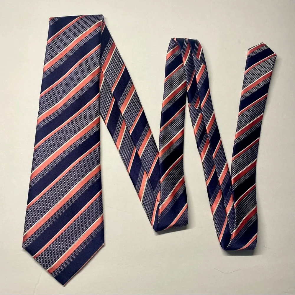 Countess Mara Blue & Salmon Silk Classic Striped Tie 3.75” x 60”